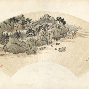 秦敏树 仿黄子久万松仙馆图扇页 清光绪十四年（1888） 纸本设色 16.5×48.8cm   款识：琳堂掩映万松斋，陡壑寒云望不迷。为听钟声翻破寂，携琴重过短墙西。戊子夏五月下浣仿黄子久万松仙馆图长卷一角于潞河，应晓楼观察属，奉筱云少司空大人钧诲，吴郡秦敏树。 印鉴：敏（朱文），树（朱文），戊子（朱文）  此图拟黄公望笔意，笔墨自然轻逸，以粗笔为主，画面景致开阔，设色清雅，云气氤氲，山水灵秀。