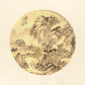 何维朴 云山隐居图扇页 清  绢本设色 25.5×26cm    款识：惠生仁弟姻世台雅正，诗孙何维朴。 印鉴：诗孙（朱文）  此画以高远、深远法构图，在尺幅受限的团扇里，描绘山川层叠，云雾掩映其中的广阔幽深之景，足以体现画家的绘画功力。笔墨洒脱老辣，浅绛设色，以湿笔勾勒山石、树木，干笔皴擦表现山峦肌理，墨气浓郁，画风苍润，可以看出画家受元、明四家的影响，却无摹古习气。