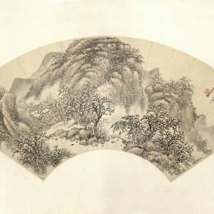 何维朴 仿李成枯木寒林图扇页 光绪三十三年（1907） 纸本设色 18.5×51.2cm   款识：李咸熙枯木寒林今不可得而见矣，见石谷墨井诸家临本，犹可想象其意境，世称咸熙惜墨如金亦不尽然，渔山仿之有浓如涂漆者，亦在用之得宜耳。丁未八月，诗孙何维朴。 印鉴：诗孙（朱文）  树是山水画中重要的构成元素之一，此图参考李成树法，而画家的笔墨显然更加滋润，以浅绛法略施淡彩，淡雅简逸，已不似李成荒寒清寂的北派画风，别有一番味道。