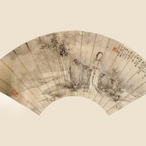 钱慧安 仕女图扇页 清同治六年（1867） 纸本水墨 18.5×51cm   款识：微茫月色感秋怀，竹影交横碍堕钗。昨梦欲寻何处地，露凉湿透凤头鞋。丁卯仲夏摹玉壶道士笔法为云峰老兄有道詧正。清溪樵子弟钱惠安秃笔志于五砚庐。 印鉴：告生（白文） 三十以后笔墨（朱文）