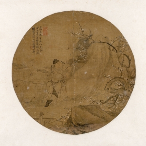 费以耕 仿唐解元《赋梅图》扇页 清同治三年（1864） 绢本设色 24.8×24.7cm   款识：虎生先生大人疋正。甲子夏六月仿唐解元赋梅图于沪上，西吴费以耕。 印鉴：余伯（朱文）