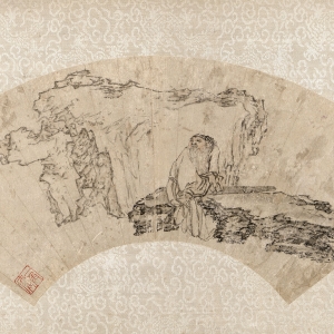 黄慎 山月照弹琴图 清 纸本水墨 21.5×47cm	   款识：松风吹解带，山月照弹琴。蓏圃慎写。 印鉴：黄（白文） 慎（白文） 一角楼（朱文）