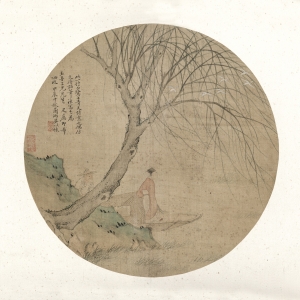 吴以栋 人物图扇页 清 绢本设色 25.5×26cm	   款识：此一行白鹭上青天诗意也，偶仿文待诏笔法写之。为玉吾三兄先生疋属即希哂政。甲辰中秋兰洲吴以栋。 印鉴：兰州（朱文）