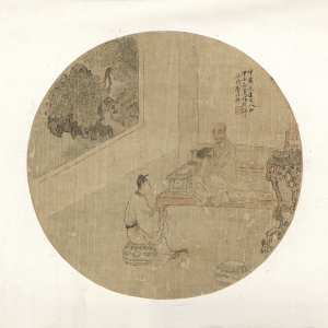 费以耕 授经人物图扇页 清同治三年（1864） 绢本设色 25×25.8cm	   款识：仲肃先生大人正。甲子长夏作于海上。吴兴费以耕。 印鉴：余召（朱文）