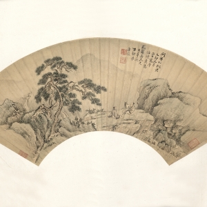 唐俊 问年松树老图扇页 清康熙十四年 （1675）     纸本设色 16.7×51.8厘米   款识：问年松树老。乙卯九月二日，写摩诘诗意，为式翁长兄先生华诞。石耕弟唐俊。 印鉴：唐俊之印（白文）  石耕（朱文）  延翠山房（朱文）  扇页以远山、空谷、飞瀑、苍松为背景，两逸士席地而坐，交谈甚欢，展现出文人于山林间闲适隐逸的生活状态。“问年松树老”出自唐·王维《游李山人所居因题屋壁》：“问年松树老，有地竹林多。”