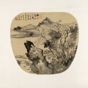 苍岩 山水图扇页        民国二十二年 （1933年） 绢本水墨 22.2×24.5厘米   款识：仿信甫法。癸酉季夏写为慕李先生大人法正，苍岩。 印鉴：石云之印（白文）