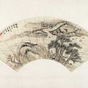 雷恪 松壑鸣泉图扇页 近代    纸本设色 17.4×49.4厘米   款识：仿山樵松壑鸣泉。学衡仁兄法教，恭甫弟雷恪写。 印鉴：恭父 （朱文）