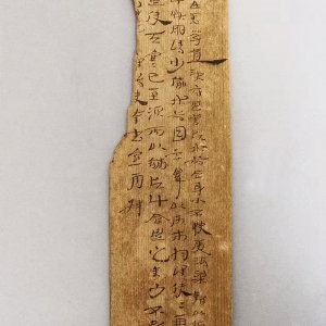 Western Han dynasty, bamboo slips, unearthed in 1973 at the Jinguan site, Jianshui, Gansu Province, now collected in the Gansu Jiandu Museum.  In 1930, more than 700 Han bamboo slips were unearthed at the Jinguan site. In 1973, more than 10,000 slips were unearthed again, recording a large number of entry documents and military garrison. These slips spanned hundreds of years，including various kinds of calligraphy styles. Length: 11.7-23.5cm; Width: 1-6cm; Height: 0.3-1.4cm.